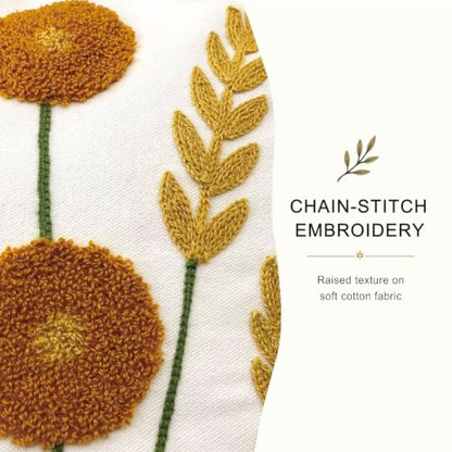 Golden Meadow Embroidered Floral Throw Pillow Cover 18x18 Inch - Pack of 1