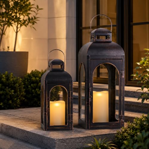 NEEDOMO Decorative Indoor & Outdoor Lanterns Set of 2 - 20"/13"H Metal Frame Candle Holders with Glass for Porch, Spring, Fall, Christmas