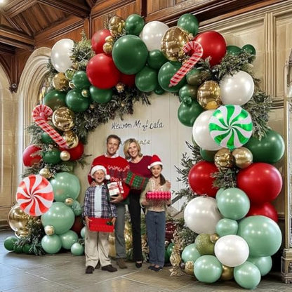 Double Layer Balloon Arch Kit Red Green White Pearl Candy Cane Holiday Decor