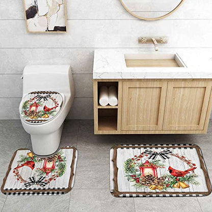 OLEBETY 4PCS Red Cardinal Shower Curtain Set with Rugs, Waterproof Fabric, 72x72 Inches, Holiday Bird & Wreath Design