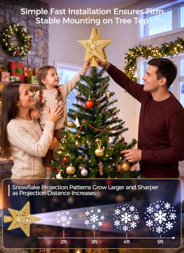 Christmas Tree Topper with Snowflake Projector Light, Gold - Universal Fit