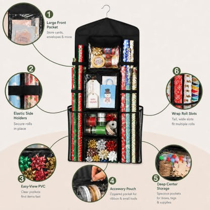 Large Double-Sided Hanging Gift Wrap Organizer with Pockets - Black