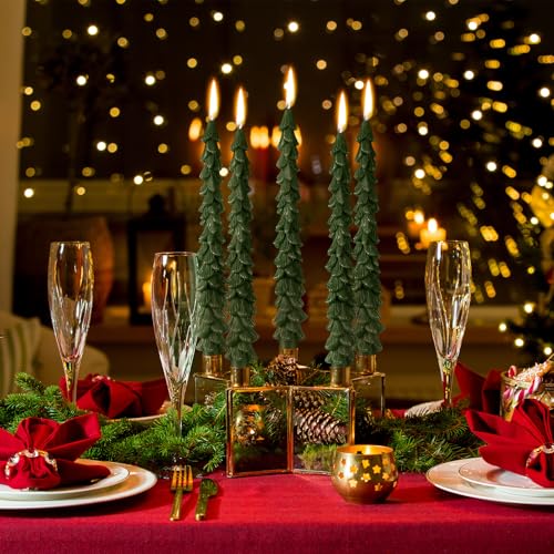 MTLEE 2 Pack Green Christmas Tree Taper Candles - 10 Inch Unscented Holiday Decor