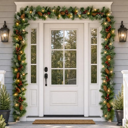 9ft Artificial Christmas Garland with Lights, Pine Cones & Red Berries