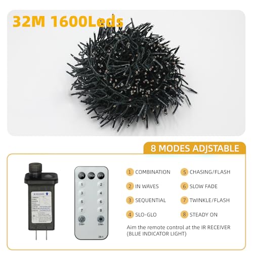 Warm White 1600 LEDs Christmas String Lights with Remote 105ft Waterproof Modes