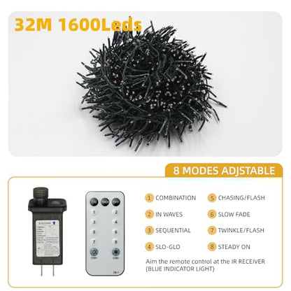 Warm White 1600 LEDs Christmas String Lights with Remote 105ft Waterproof Modes