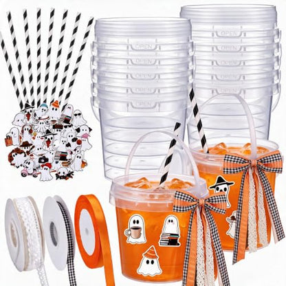 Halloween Plastic Drink Buckets Set with Ribbons and Accessories - 24 Pack