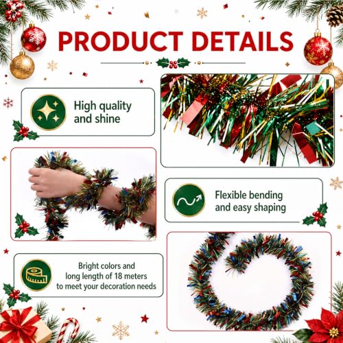 Christmas Tinsel Garland Set - 3 Pack, 59 ft Each, Red Blue Yellow Green - Holiday Decor