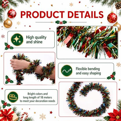 Christmas Tinsel Garland Set - 3 Pack, 59 ft Each, Red Blue Yellow Green - Holiday Decor