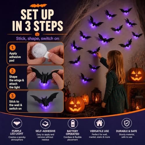 Spooky Glow 3D LED Bat Wall Decor Set - 12 Reusable Hanging Halloween Bats