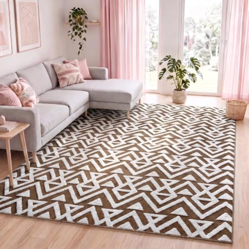 Soft 5x8 Geometric Shaggy Area Rug for Living Room & Bedroom - Non Slip Beige