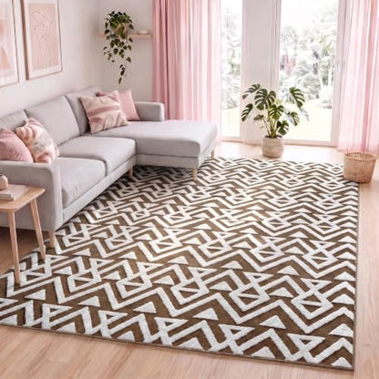 Soft 5x8 Geometric Shaggy Area Rug for Living Room & Bedroom - Non Slip Beige