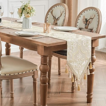 Damask Jacquard Table Runner Beige Gold 13x108 Inches Elegant Decor