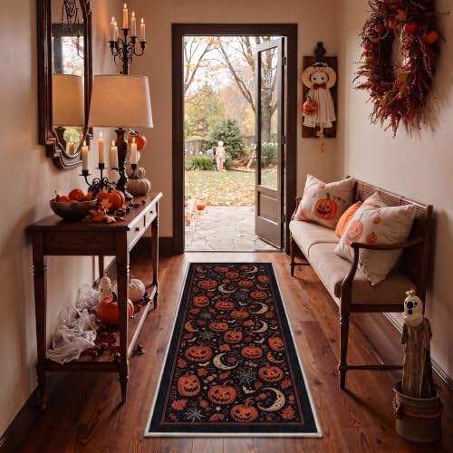 Halloween Rug Pumpkin Moon Non-Slip Indoor Welcome Mat - Midnight Orange 2x6 ft