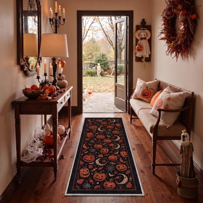 Halloween Rug Pumpkin Moon Non-Slip Indoor Welcome Mat - Midnight Orange 2x6 ft
