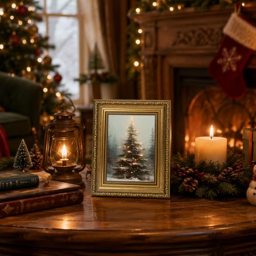 Christmas Tree Wall Art Canvas with Gold Frame - Snowy Forest Scene, 10x8 Inches - Holiday Decor