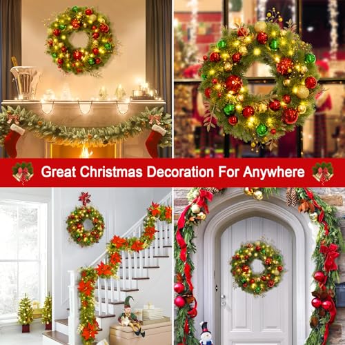 Christmas Door Wreath with LED Lights - Red Gold Green 16 Inch Holiday Decor
