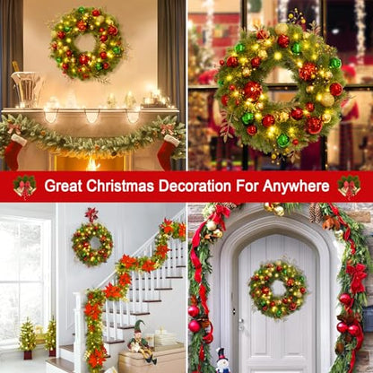 Christmas Door Wreath with LED Lights - Red Gold Green 16 Inch Holiday Decor