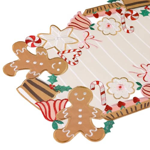 Gingerbread Christmas Table Runner 13x36 Inches Candy Cane Embroidered Decor
