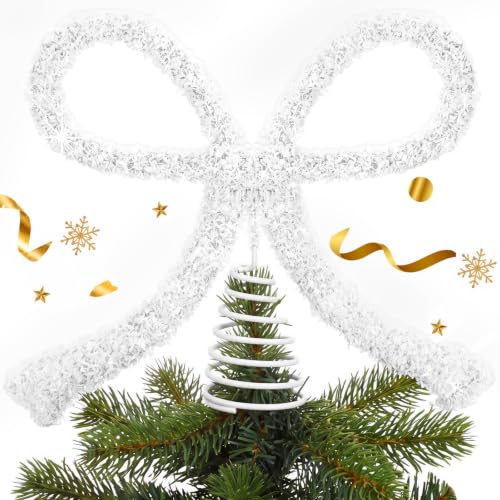 11-Inch White Bow Christmas Tree Topper with Glitter Metal Spiral Base