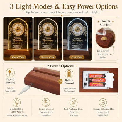 Retirement Gift Crystal Clock with Wooden LED Light Base - Engraved Keepsake Plaque for Boss, Teacher, Nurse, Doctor