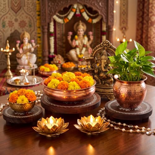 Diwali Wooden Pooja Stand Set - Round Risers with Kolam Design, 3 Pieces