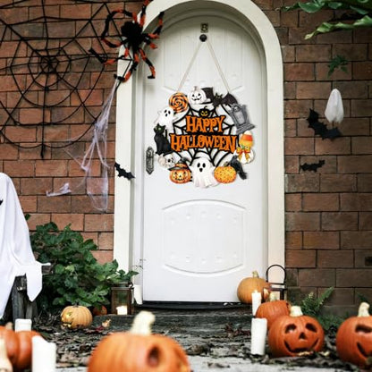 Halloween Wooden Ghost Door Wreath - Large Orange Halloween Decor for Front Door