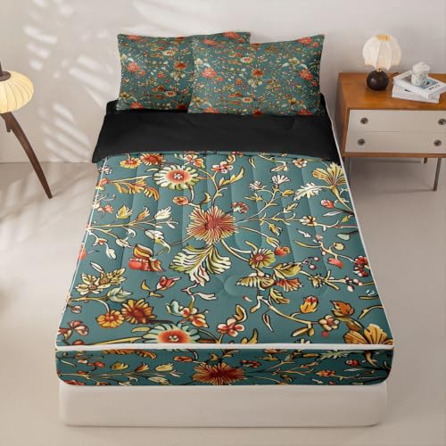 Kids Zipper Bedding Set Full Green Yellow Floral Comforter & Sheet