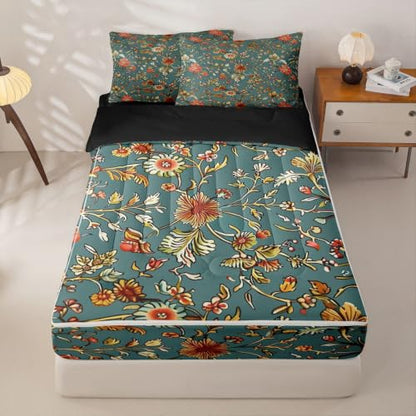 Kids Zipper Bedding Set Full Green Yellow Floral Comforter & Sheet