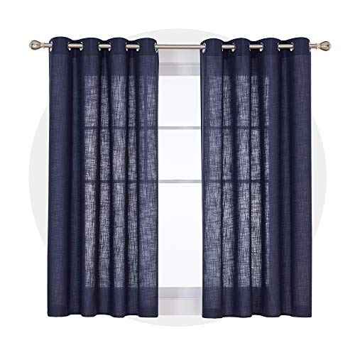 Deconovo Grommet Faux Linen Window Curtains Linen Look Panels Solid Drapes for Kitchen Small Window Navy Blue 52x45 Inch 2 Panels