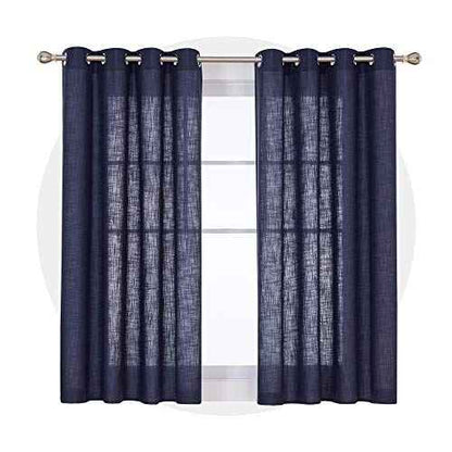 Deconovo Grommet Faux Linen Window Curtains Linen Look Panels Solid Drapes for Kitchen Small Window Navy Blue 52x45 Inch 2 Panels