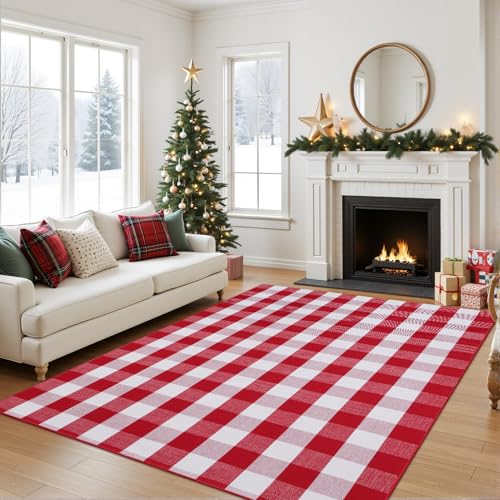Christmas Buffalo Plaid Rug 5x7 Ft - Red & White Indoor Outdoor Decor