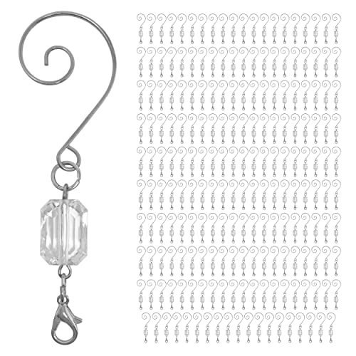 200 Pack Clear Acrylic Silver Ornament Hooks for Christmas Tree Decorations - 3 Inch Wire Hangers
