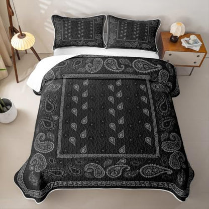 Manfei Black King Size Bohemian Paisley Quilt Set with Pillow Shams - Bedspread Coverlet