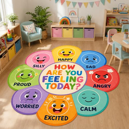 Kids Emotions Classroom Rug - Flower Shape Feelings Chart Floor Mat for Circle Time