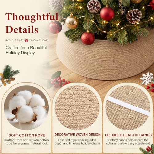Brown Adjustable Woven Cotton Rope Christmas Tree Collar - Rustic Wicker Skirt for Artificial Trees