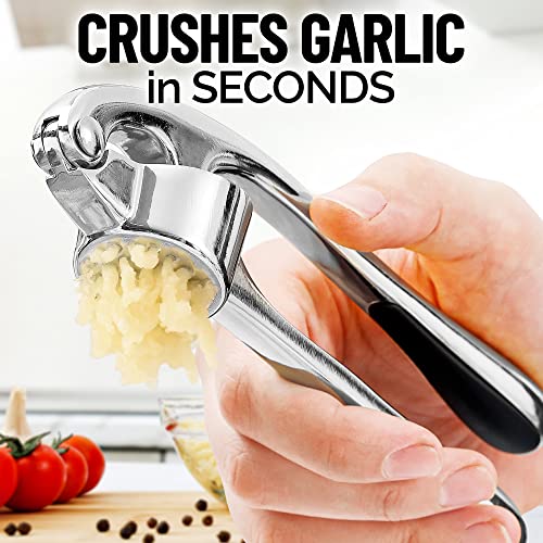 Zulay Kitchen Premium Garlic Press Set - Rust Proof & Dishwasher Safe Professional Garlic Mincer Tool - Easy-Squeeze, Easy-Clean with Soft, Ergonomic Handle - Silicone Garlic Peeler & Brush (Chrome)