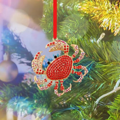 Crab Christmas Ornament - Red Rhinestone Coastal Beach Themed Hanging Ornament