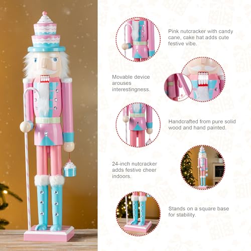 Nutcracker Christmas Decorations - 24 Inch Wooden Nutcracker Soldier with Cake Hat, Candy Cane & Cupcake - Holiday Porch Decor