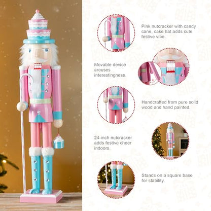Nutcracker Christmas Decorations - 24 Inch Wooden Nutcracker Soldier with Cake Hat, Candy Cane & Cupcake - Holiday Porch Decor