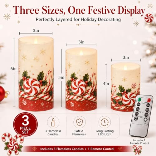 Christmas Candy Cane Flameless Candle Set with Remote - 3 Color Changing LED Pillar Candles