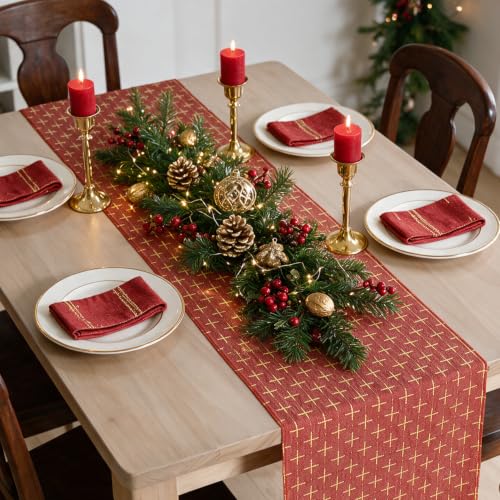 Red Cross-Star Textured Table Runner - Seasonal Christmas Rustic Decor 13x108 Inch