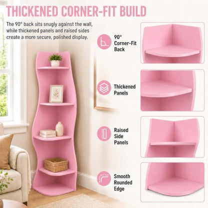 Pink 5-Tier Wavy Corner Shelf for Small Spaces - Curvy Wall Organizer