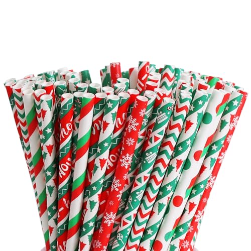 Green Christmas Paper Straws - 100 Pack for Holiday Parties & DIY Decorations