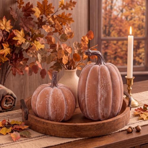 Artificial Resin Fall Pumpkin Decor Set - Terracotta Finish, 2 Pieces