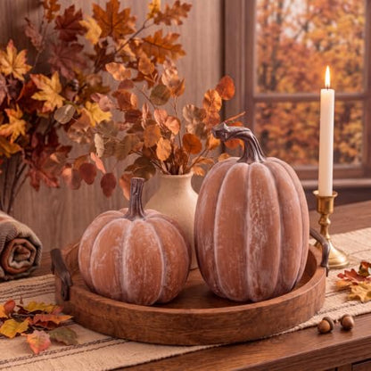 Artificial Resin Fall Pumpkin Decor Set - Terracotta Finish, 2 Pieces