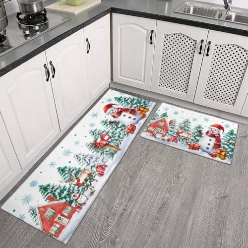 White Green Christmas Kitchen Rugs Set 17x47 & 17x30 Inches Snowman Tree Decor