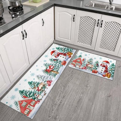 White Green Christmas Kitchen Rugs Set 17x47 & 17x30 Inches Snowman Tree Decor