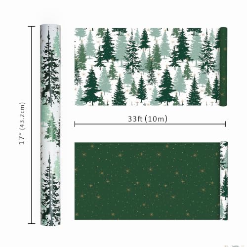 Reversible Christmas Wrapping Paper Pine Tree Design 17 x 33 Ft - Green & Gold
