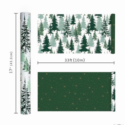 Reversible Christmas Wrapping Paper Pine Tree Design 17 x 33 Ft - Green & Gold